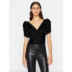 FRAME XS Velvet Ruched Sleeve Top Shirt Puff Shoulder Cropped V-neck Evening